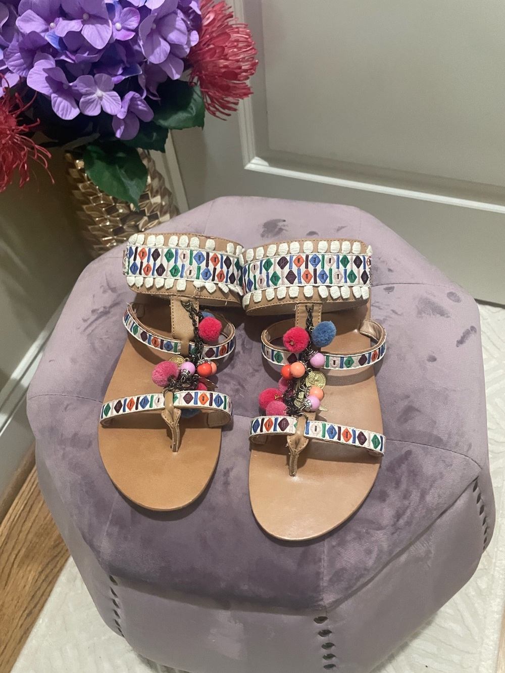 Mix No. 6 Multicolor Beaded Pom-Pom Strappy Sandals